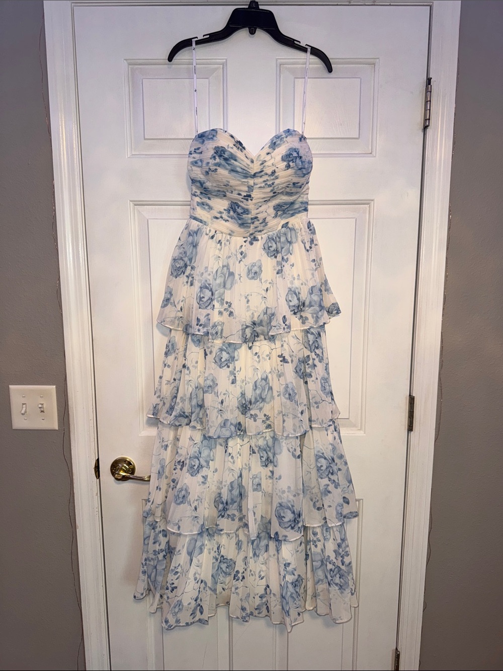 AW Bridal Bryn Dress, Blue Botanical Floral. Tiered Floral Maxi Dress.